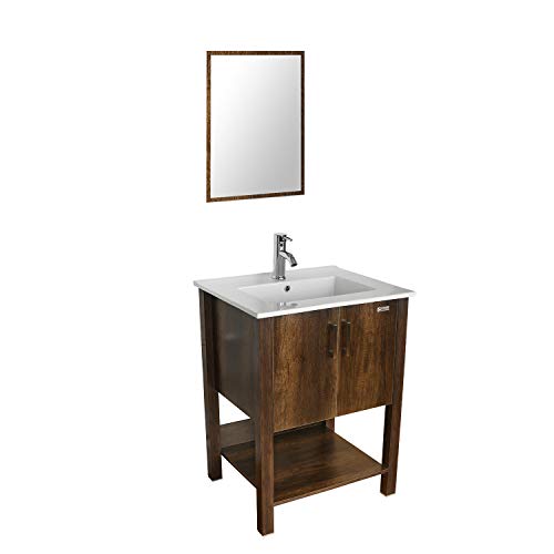eclife 24" Bathroom Vanity Sink Combo W/Overflow White Drop in Ceramic Vessel Sink Top & Brown