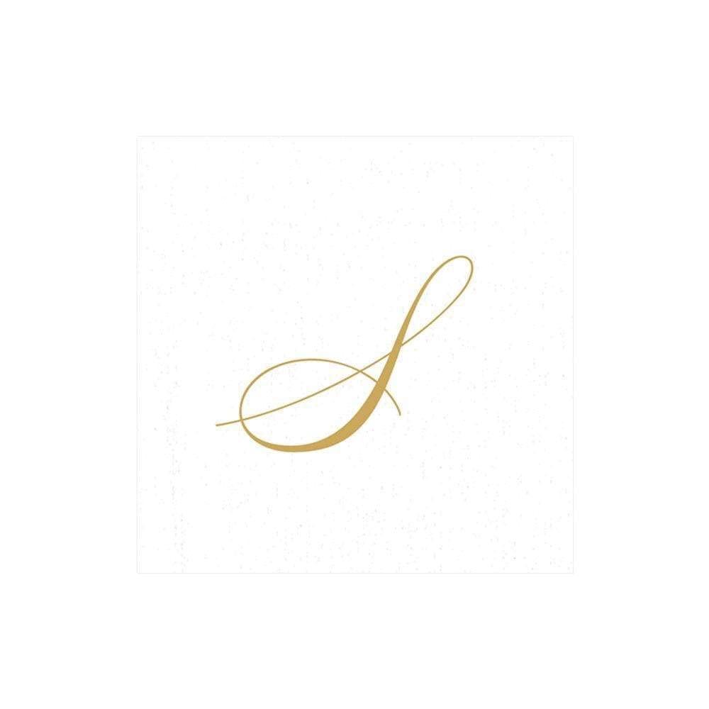 Caspari Signature Gold Initial S Paper Linen Cocktail Napkins, White Pearl, Pack of 30