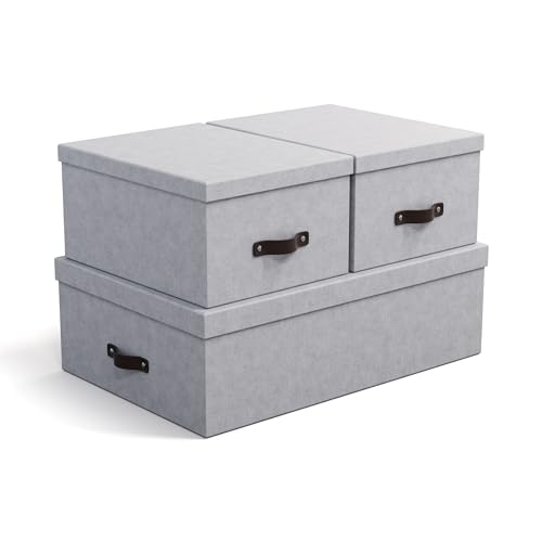 BIGSO INGE Lot de 3 boîtes de rangement pour chambre à coucher, enfants, bureau ou salle de bain - Boîte de rangement avec couvercle - Caisses de rangement aspect lin - Gris clair
