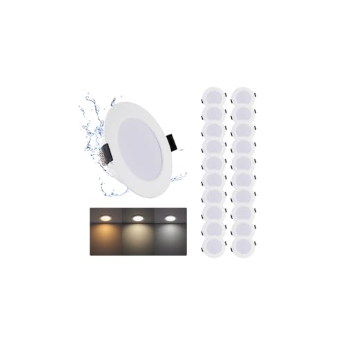 Grebeam Pack of 20 LED Recessed Spotlights for Plasterboard, 5W, Round, Warm White 3000K/Neutral White 4000K/Cool White 6000K Adjustable, Hole Ø75-90 mm, LED Ceiling Spotlights for Bathroom Kitchen