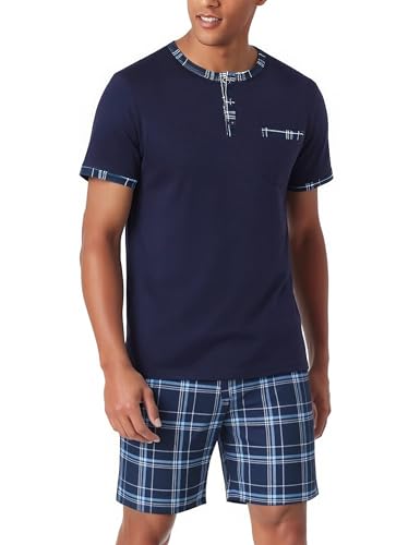 Litherday Pyjamas Men Summer Cotton Short Set 2 Pieces T-Shirt Short Sleeve Plaid Pants Sleepwear Soft and Breathable for Home S-3XL