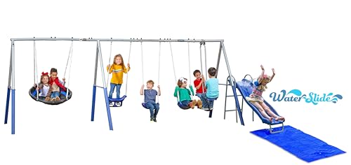 Fun Forever Plus with 6' Water Slide & Ground Tarp - 8 User / 6 Station Metal Backyard Play Swing Set. 192