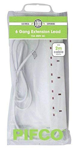 PIFCO 6 Gang 2 Metre Extension Cord, Male-to-Female, Compatible with Most Standard UK Devices