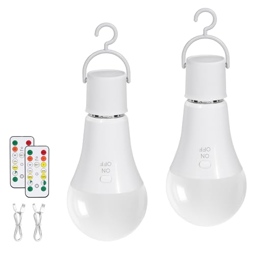 Kimjo Rechargeable Bulb with Battery - Rechargeable Bulb with Remote Control E27 7W - Camping Lamp USB 3 Colours Dimmable - Button Control Outdoor Emergency Light Pack of 2