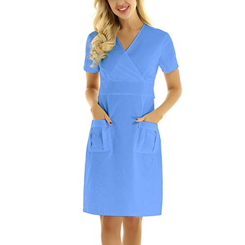 YOKWI Solid Color Women Nurse Working Uniform Dress V Neck Short