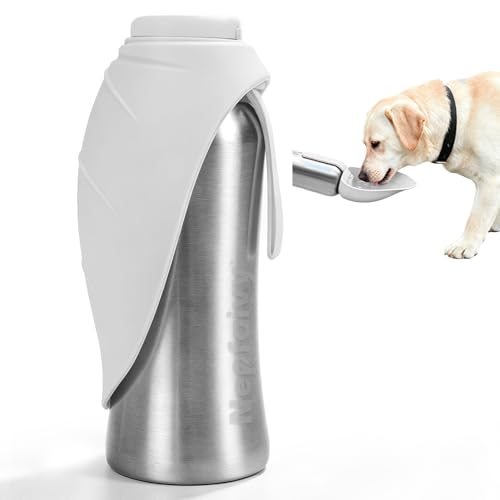 Nepfaivy Dog Water Bottle for On the Go Stainless Steel 800 ml - Leak-Proof Dog Drinking Bottle for On the Go with Push Button, Portable Water Bottle for All Dogs for Travel, Hiking and Camping, White