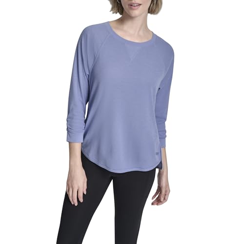 DKNY Women's Mini Waffle 3/4 Sleeve V-Neck Inset T-Shirt, Bluestone, Small