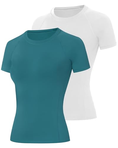 Runhit Compression Shirt Women Short Sleeve Workout Tops Athletic Gym Moisture Wicking T-Shirt Running Yoga Base Layer Blue White 2 Pack S at Amazon