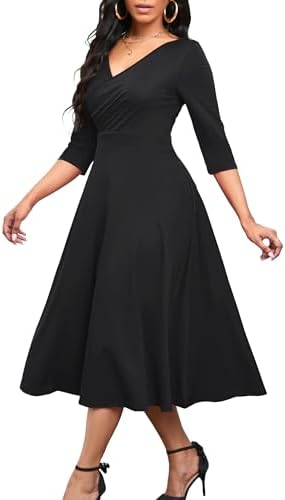 3/4 sleeve fit and flare midi dress Plus Size Dress for Women 3/4 Sleeve A-Line V-Neck Swing Flowy Black XL