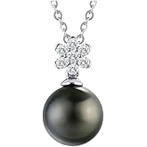 Lunar Belle Black Pearl Drop Pendant with Moissanite Flower Design, 925 Sterling Silver Jewelry, Wedding Gift for HerWoemn Girlfriend Birthday (Deep Sea Blossom)