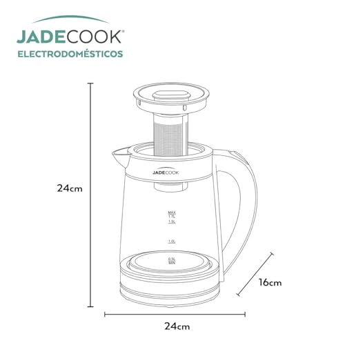JadeCook | Tetera Eléctrica Hervidor de Agua con Infusor Jade Electro| Jarra de Vidrio de 1.7 Litros | Potencia de 1000w | Base Giratoria | Ideal para Café, Té