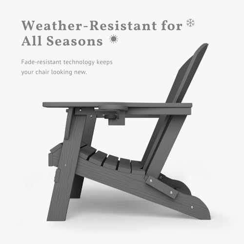 Patio Kingdom Folding Adirondack Chair with Cup Holders, HDPE Plastic Outdoor Chairs, Weather Resistant, Real Wood Look for Patio, Deck, Fire Pit, Backyard, Gray