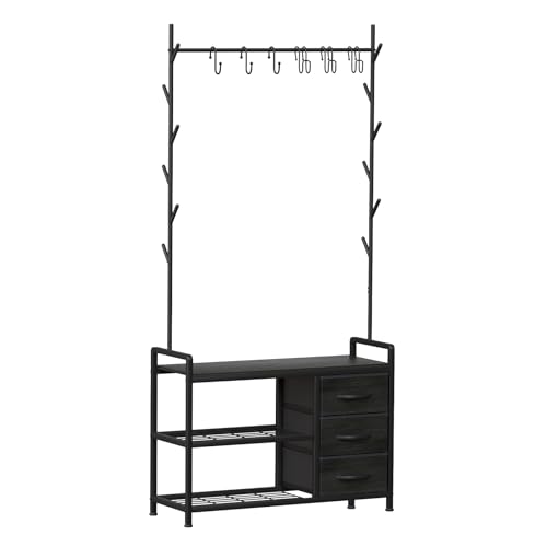 Leader Accessories Garderobenständer Mit Bank Metallgarderoben Rustikal Kleiderständer 176X30X84Cm (Hxtxb) Schwarz/Schwarze Holzmaserung