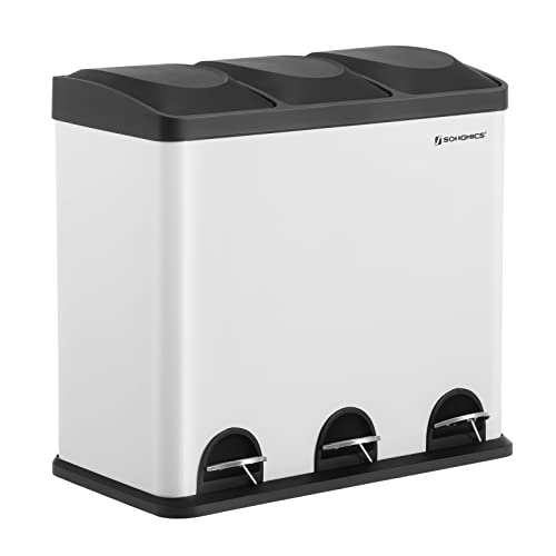SONGMICS Mülleimer für die Küche, 3*18 Liter, Abfalleimer, Treteimer mit 3 Fächern, Inneneimern und 6 Aufklebern für Mülltrennung, Mülltrennsystem, we