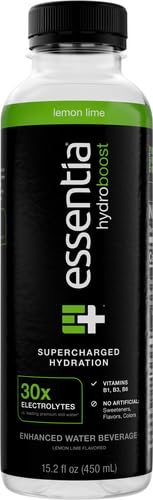 NEW ESSENTIA HYDROBOOST ENHANCED BOTTLED WATER, 15.2 FL. OZ. (450 ML), LEMON LIME, HYDROLYTE BLEND WITH B-COMPLEX VITAMINS AND ELECTROLYTES, CLEAN TASTE & SUPERCHARGED HYDRATION