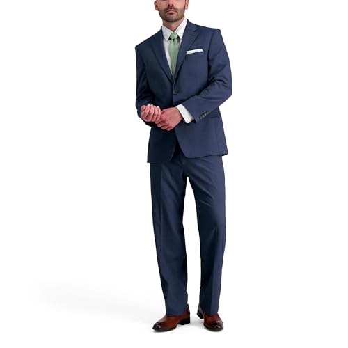 J.M. Haggar Men’s JMH Premium Stretch Classic Fit Subtle Pattern Suit Separates-Pants, Blue Heather Windowpane Print-Jacket, 44