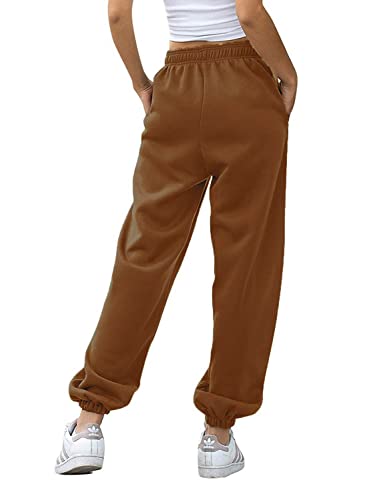 AROGONE Womens Summer Casual Cotton High Waisted Sweatpants Loose Athletic Jogger Pants with Pockets Brown Small