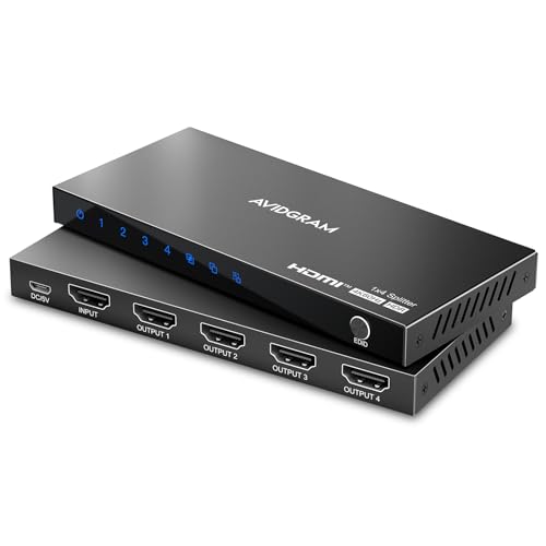HDMI Splitter 1 in 4 Out 4K 60Hz 4:4:4, AVIDGRAM HDMI Splitter 4 Outputs with Copy, Downscaler and Auto Mode for Dual Identical Display Support 1080p 120Hz HDMI2.0 HDCP 2.2 HDR10 18Gbps 3D