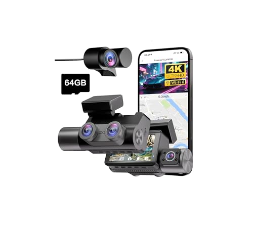 Frvesroe 4K 3 Channel Dash Cam Front and Rear Inside for Uber Taxi, Dual Front Lens, Interior Night Vision, WiFi 6 GPS, 24H Parking Mode, 64GB Card, Heat Resistant Dashcam for Cars (V1)