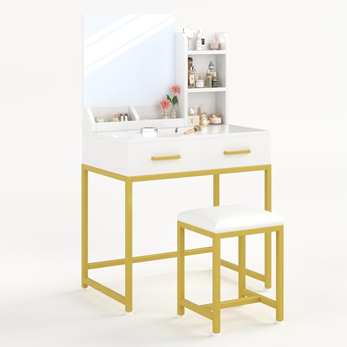 SKY-TOUCH Vanity Desk Chair Set with Mirror : Makeup Table with Stool Dressing Table with Storage Drawer Shelves Vanity Table with Lots Storage for Bedroom (White)