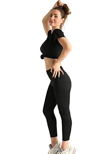 XH.Easy Go High Waisted Leggings for Woman Workout Yoga Butt Lifting Tummy Control Pants with Pockets (Black,S)