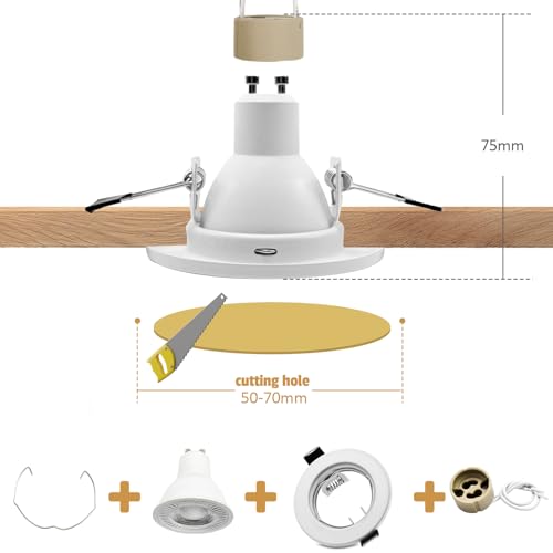 LteelDay Recessed Frame for Spotlights – White Round Metallic, Incl. Socket for GU10 | Fit for 55-70 mm Holes | For 50 mm Lamp | Porthole Frame – Ideal for Bathroom, Living Room, Kitchen | 24 Pack