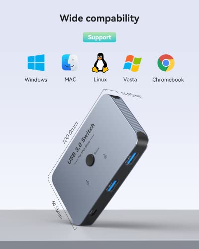 ABLEWE - Interruptor USB, conmutador USB de aluminio, 2 computadoras que comparten 4 dispositivos USB para PC y escáner, teclado de mouse con 2 cables USB 3.0