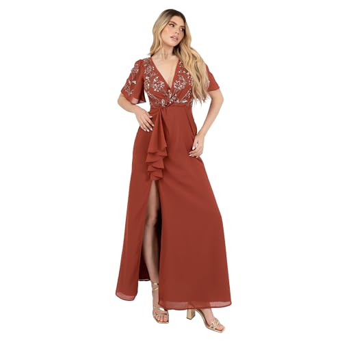 Maya Deluxe Women's Maxi Dress Ladies V-Neck Short Angel Sleeve Sequin Embellished Ruffles Side Split A-Line Evening Ball Gown, Óxido 34