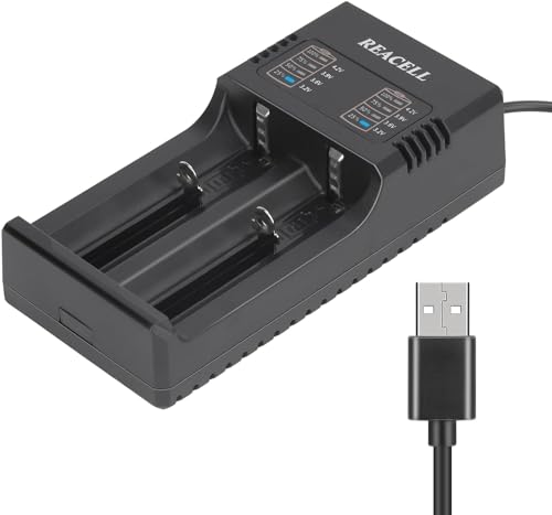 REACELL 18650 Battery Charger, Universal Fast Dual Charge Battery Charger for 3.7V/3.6V Li-ion Rechargeable Batteries 18650 18500 18490 18350 17670 17500 16340(RCR123) 14500 26650 22650 with USB Cable