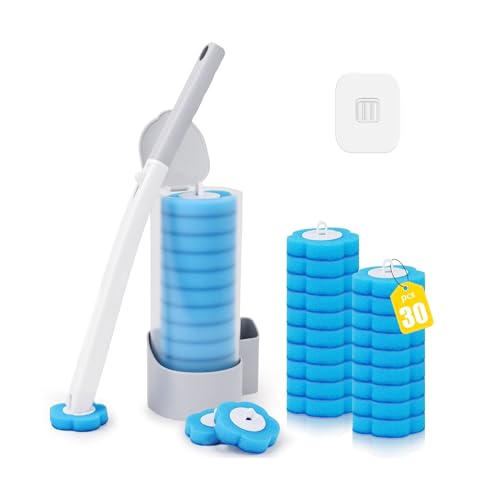Escobilla para Inodoro Desechable, Juego De 30 Cepillo De Inodoro, con 30pcs Toilet Wand Refills, Ganchos y Caja De Almacenamiento, Mango Largo, Diseño Deslizante, Ideal Cepillo Limpieza para Bano WC
