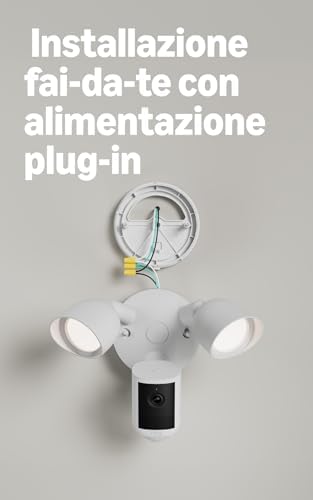 Videocamera con proiettori (Floodlight Cam), alimentazione via cavo(ultimo modello),video 2K, zoom avanzato 6x, proiettori ultraluminosi,prova gratuita di 30 giorni del piano di abbonamento Ring