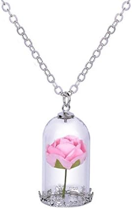 Womens Girls Beauty and the Beast Belle Cosplay Rose in Dome Glass Pendant Necklace Chain (Pink)