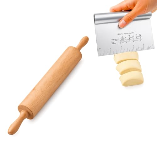 kit Rolo de Massa em Madeira 43 cm com Espatula de Corte e Raspadora de Inox com Régua de Medição 12 x15 cm Utensílio de Cozinha para Massas Premium