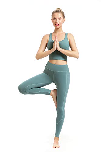 EUSIX High Waist Yoga Pants with Pockets for Women Tummy Control,Workout 4-Way Stretch Non See-Through Yoga Leggings Mint Green M