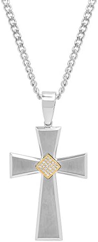 Men’s Stainless Steel .12ctw Diamond Gold-Tone Center Cross Pendant with Curb Chain Necklace, 24”