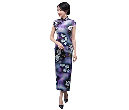 ACVIP Women's Flower Printed Cap Sleeve Traditional Long Cheongsam Chinese Dress Gown
