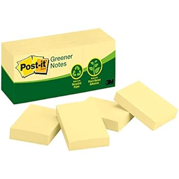 Post-it® Notes, Original Pad, 1-3/8 inches x 1-7/8 inches, Recycled, Canary Yellow, 12 Pads per Pack