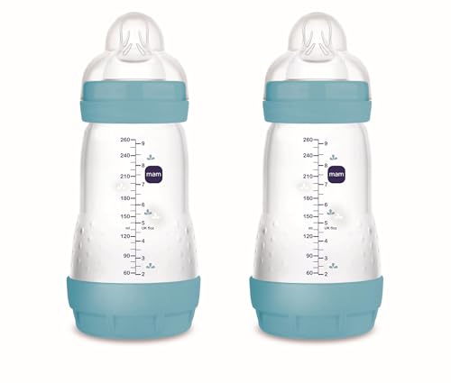 Pack 2 Biberones Anticólicos, 2-4 Meses, 260ml, con con Tetina 2 Flujo Medio de Silicona de Fácil Aceptación, Autoesterilizable y Fácil de Limpiar, MAM Easy Start Anti-Colic, Azul Mate, 2uds
