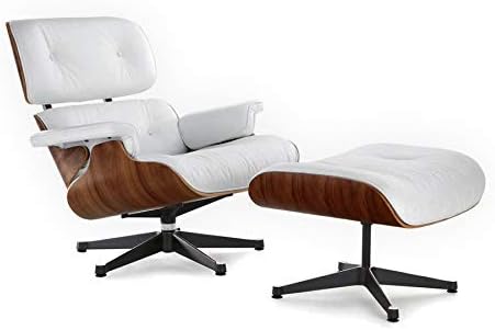 Mid-Century Modern Lounge Chair and Ottoman – White, Classics by Decorific NYC, Single Box (White Aniline Leather, Palisander Wood) Tall Version