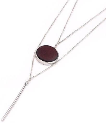Edress Jewellery Long Necklaces MultiLayer Silver Plated Link "For Only You" Y Chain Red Disc Wood Decoration Simple Strip Pendant Womens and Girls Gift Jewelry