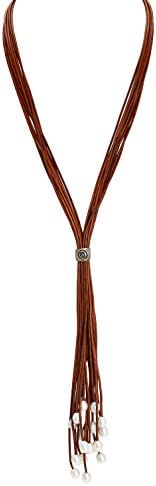 PearlyPearls Womens Long Freshwater Pearl Necklace with Leather Cord Y-shaped Tassel Necklace Handmade Jewelry Gift