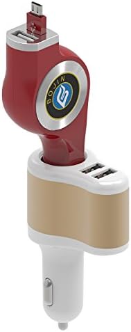 Car Charger, Dual Port USB Car Charger,TWOBIU 3 in 1 Car Charger[2 Port USB+Cigarette Lighter]+Retractable USB Cable Portable Charger 2 in 1 Charging Connetor-Red+Gold