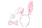 Cute Animal Headband Ear Set with a Tail and a Bow Tie (White Bunny Pink Ears)