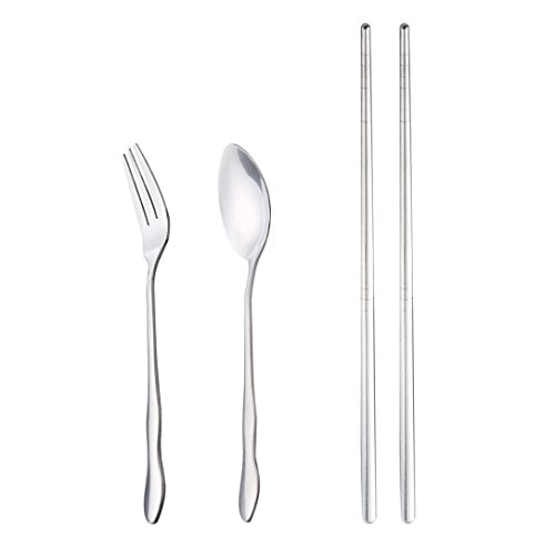 Fheaven (TM) Portable Folding Dinnerware Set Stainless Steel Fork Spoon Chopsticks Tableware Camping Tools for Travel + Case (Silver)