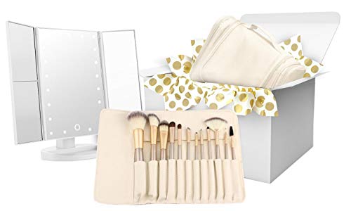 Makeup Brush Set, Hanging Toiletry Bag Travel Case and Trifold Cosmetic Vanity Mirror With 21 LED Lights – #1 Beauty Gift Set for Women Girlfriend Mom Gift Basket – Holiday Special