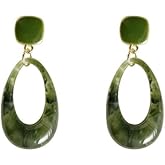 Green Resin Hollow Teardrop Dangle Earrings For Women Square Stud Gold Tone Link Lightweight Retro Boho Statement Bold Geometry Gift Daily Party