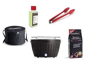 LotusGrill Starter-Set 1x Anthrazitgrau 1x Buchenholzkohle 1kg, 1x Brennpaste 200ml, 1x Würstchenzange Rot, 1x Transport-Trag