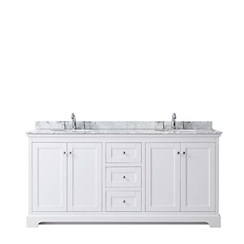 Wyndham Collection Avery 72 Inch Double Bathroom Vanity in White, White Carrara Marble Countertop, Undermount Oval Sinks, and No Mirror
