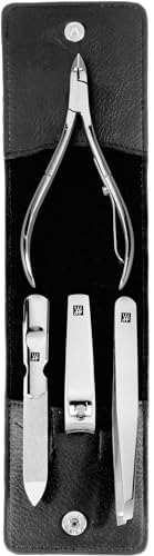 ZWILLING Manikuere-Set (4 teilig, Druckknopf Etui, Echtleder, ergonomisches Design, mit Nagelhautzange), Edelstahl Poliert , Schwarz