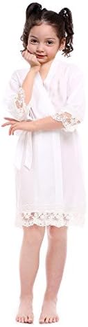 Lace Pure White Cotton Bathrobe For Girl Fashion Kimono Robe With Lace Trims Girls' Nightgown (White,4)
